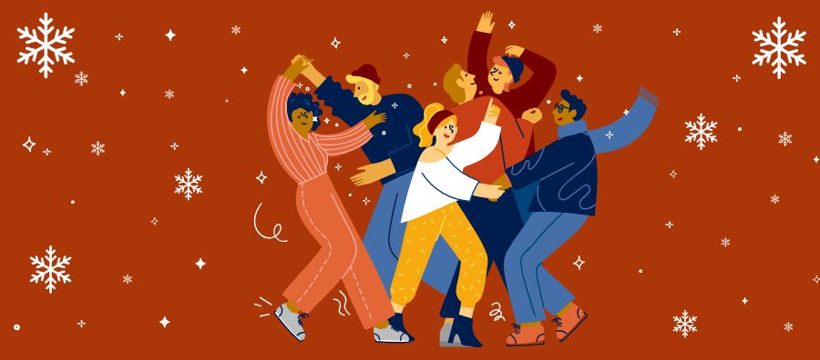 Illustration einer fröhlichen Gruppe tanzender Menschen bei einer winterlichen Singleparty in Hamburg; mehrere Personen feiern gemeinsam, lachen und tanzen eng zusammen, umgeben von Schneeflocken und funkelnden Elementen auf warmem rot-orangen Hintergrund.