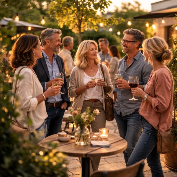 Singles kommen bei einem entspannten Event im Freien ins Gespräch – echte Begegnungen über eine kostenlose Dating-App