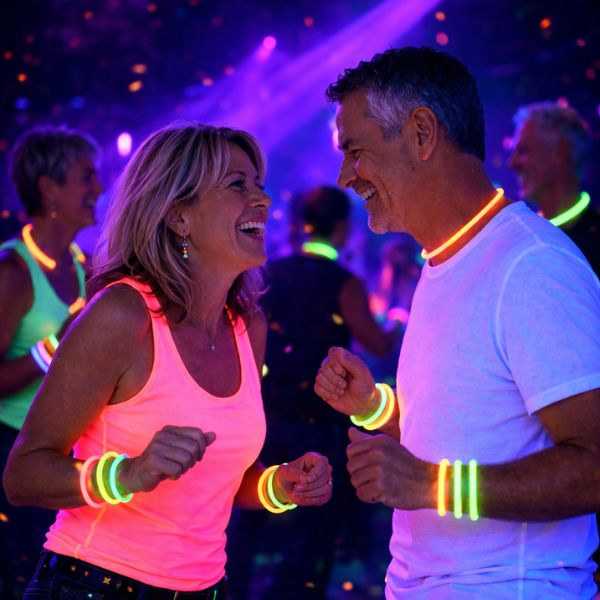 Mann und Frau mit Neon-Armbändern tanzen auf der Tanzfläche und haben Spaß - zb auf der Dance Night im Perkins Park