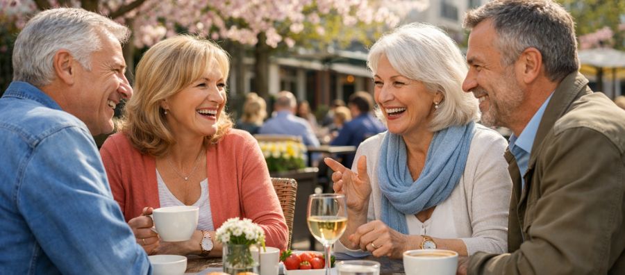Vier gut gelaunte Singles über 50 sitzen dank der Event Aktion von Funkenflug an einem runden Tisch in einem Straßencafé im Frühling, lachen und unterhalten sich bei Kaffee und Gebäck, umgeben von blühenden Bäumen und einer entspannten Atmosphäre im Hintergrund.