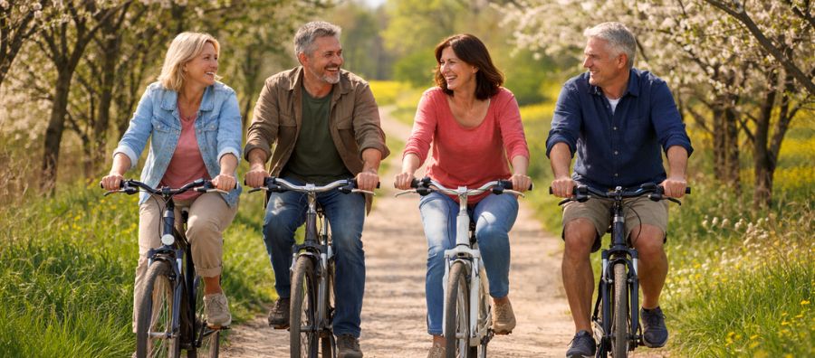 Vier Singles um die 50 Jahre fahren bei einem Single-Event im Frühling gemeinsam entspannt Fahrrad auf einem sonnigen Weg, lachen natürlich miteinander und genießen die blühende Landschaft.