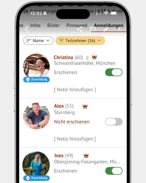 Screenshot der Teilnehmerlist eines Funkenflug Events, bei dem man den Zuverlässigkeits-Badge sieht und wie er funktioniert