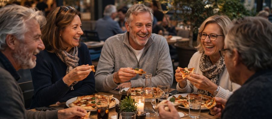 Single-Gruppe isst gemeinsam Pizza und hat einen schönen Abend bei einem Event, weil alle Teilnehmer zuverlässig erschienen sind