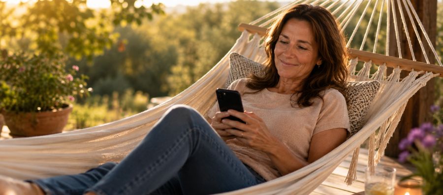 Frau liegt in der Hängematte und verschickt kostenlose Nachrichten in Dating App Funkenflug