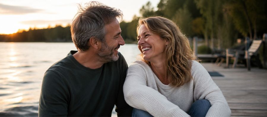 Glückliches Paar um die 50 lacht gemeinsam am See - passend zu den Liebesgeschichten von Funkenflug Singles