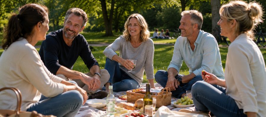 Singles um die 45 genießen gemeinsam ein entspanntes Picknick-Event im sonnigen Park.