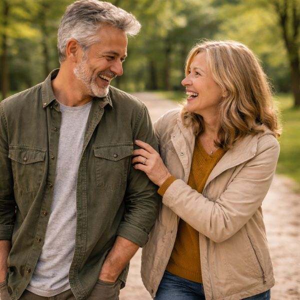 Singles bei einem Date gehen im Park spazieren und necken sich bzw. haben Körperkontakt - einer der Signale beim Flirt