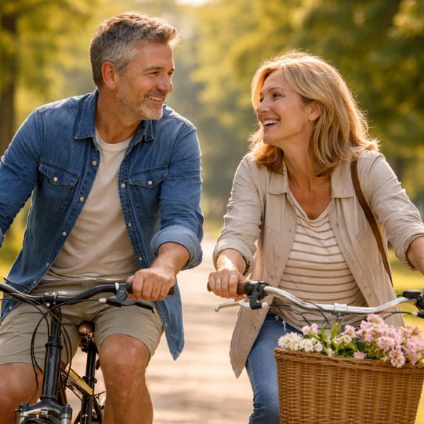 Freunde fahren zusammen Fahrrad - und schauen sich verliebt an. 