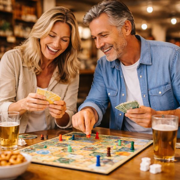 Fröhliches Paar um die 50 Jahre bei einem Indoor Date im Café, das gemeinsam ein Brettspiel spielt – eine der Date Ideen bei schlechtem Wetter mit viel Spaß, Lachen und entspannter Atmosphäre.