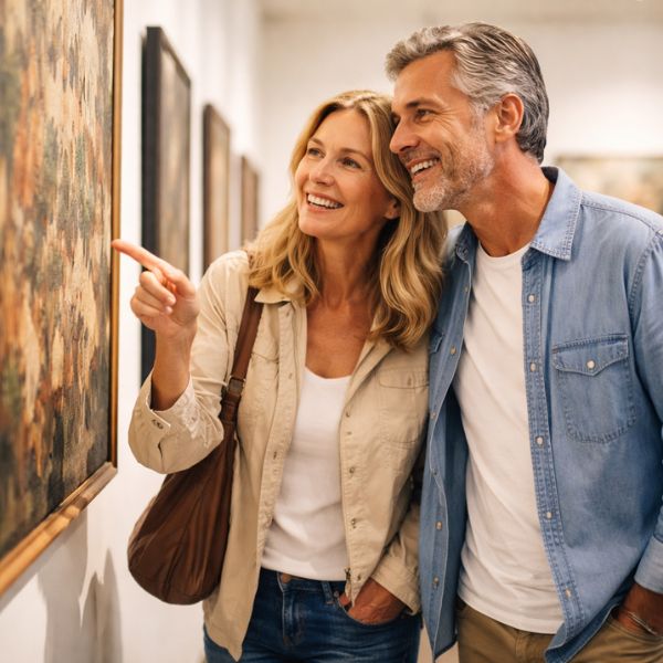 Fröhliches Paar um die 50 Jahre bei einem Indoor Date in einer Ausstellung – eine der Date Ideen bei schlechtem Wetter, bei der beide lachend ein Gemälde betrachten und Zeit miteinander genießen.