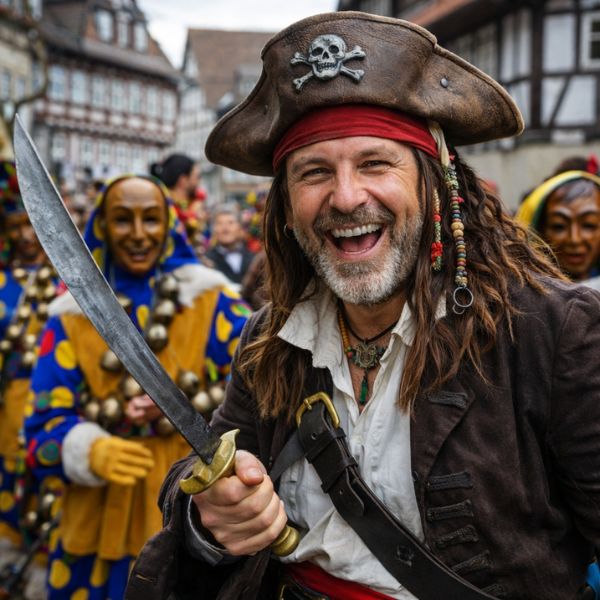 Single-Mann hat als Pirat Spaß beim Fasching und flirtet 