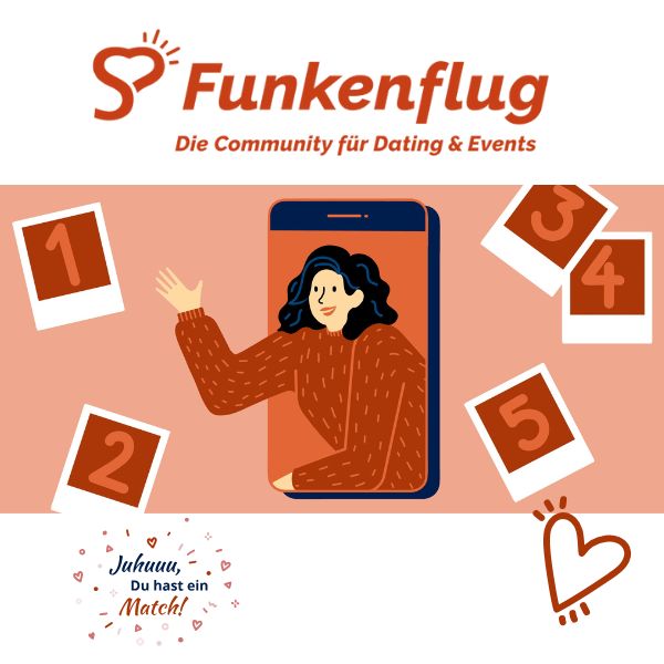 Illustration einer Frau in der Funkenflug App, umgeben von Fotos und Herzen. Es steht für Online-Dating, Matches und Dankbarkeit beim Dating über die Funkenflug Community.