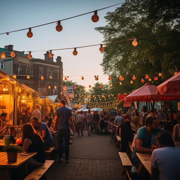 Sommerabend auf einem Straßenfest in Köln: Zwischen Musik, Lichterketten und gutem Essen entsteht Partnersuche in Köln.