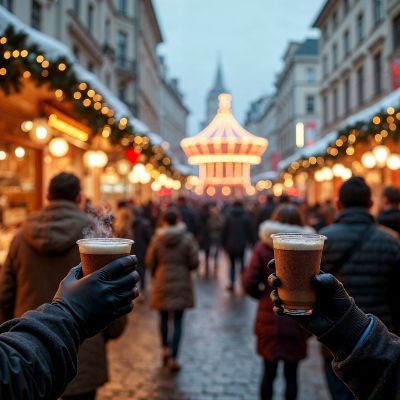 Zwei Menschen stoßen mit heißen Getränken auf dem Kölner Weihnachtsmarkt an – festliche Lichter, winterliche Stimmung und Begegnungen voller Wärme.