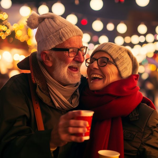 Ein fröhliches älteres Paar trinkt warmen Punsch auf einem stimmungsvoll beleuchteten Weihnachtsmarkt. Eine Szene, die zeigt, wie Weihnachtsmärkte für Singles zum Dating einladen, Nähe, Wärme und gemeinsame Momente zu erleben.
