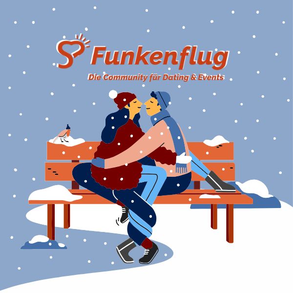 Illustration eines Paares, das sich im Winter auf einer verschneiten Bank umarmt. Über ihnen steht das Logo der Funkenflug App. Eine Date-Möglichkeit auf Weihnachtsmärkten für Singles.