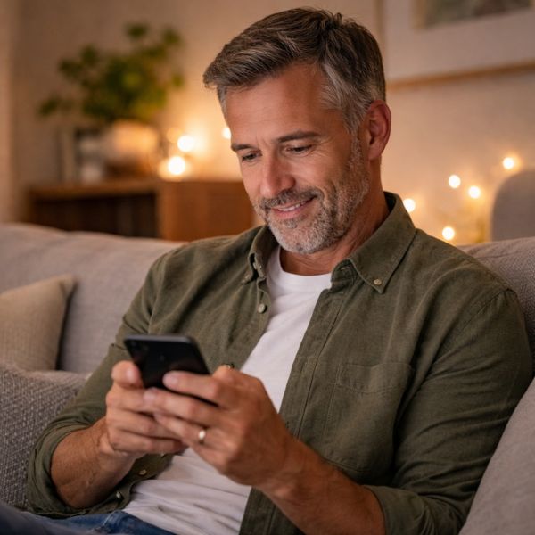 Mann auf der Couch schreibt schmunzelnd eine liebevolle Gute-Nacht-Nachricht auf dem Handy