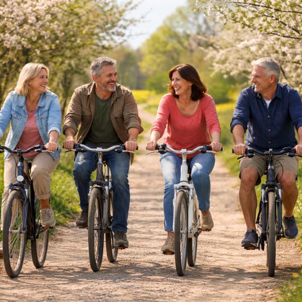 Gruppe von Singles über 40 fährt zusammen Fahrrad und lernt sich entspannt kennen - einer Dating App ohne swipen
