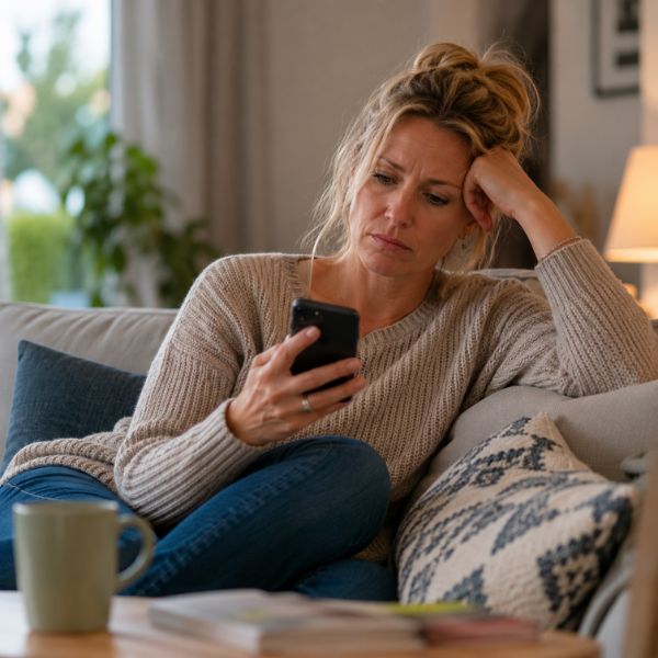 Frau sitzt auf ihrer Couch mit dem Smartphone in der Hand und sucht nach einer Dating-App ohne swipen