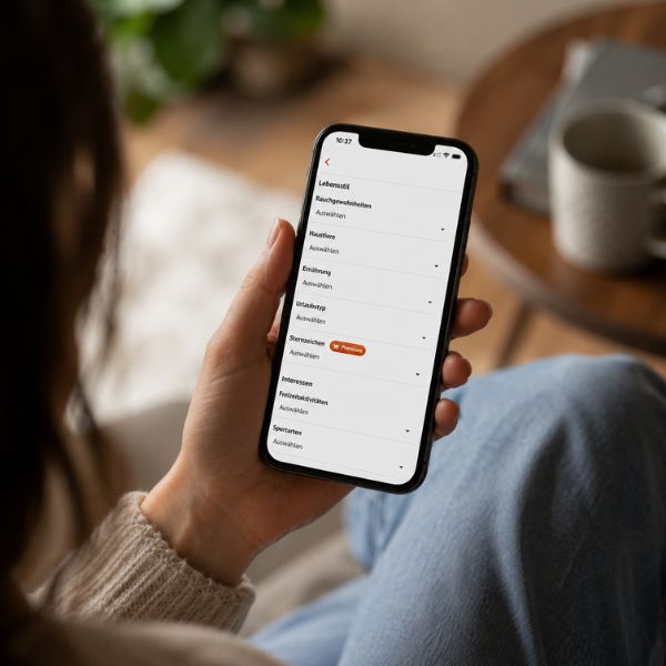 Frau schaut in ihr Smartphone und stellt gerade Suchfilter in der Funkenflug App ein, eine Dating-App ohne Swipen